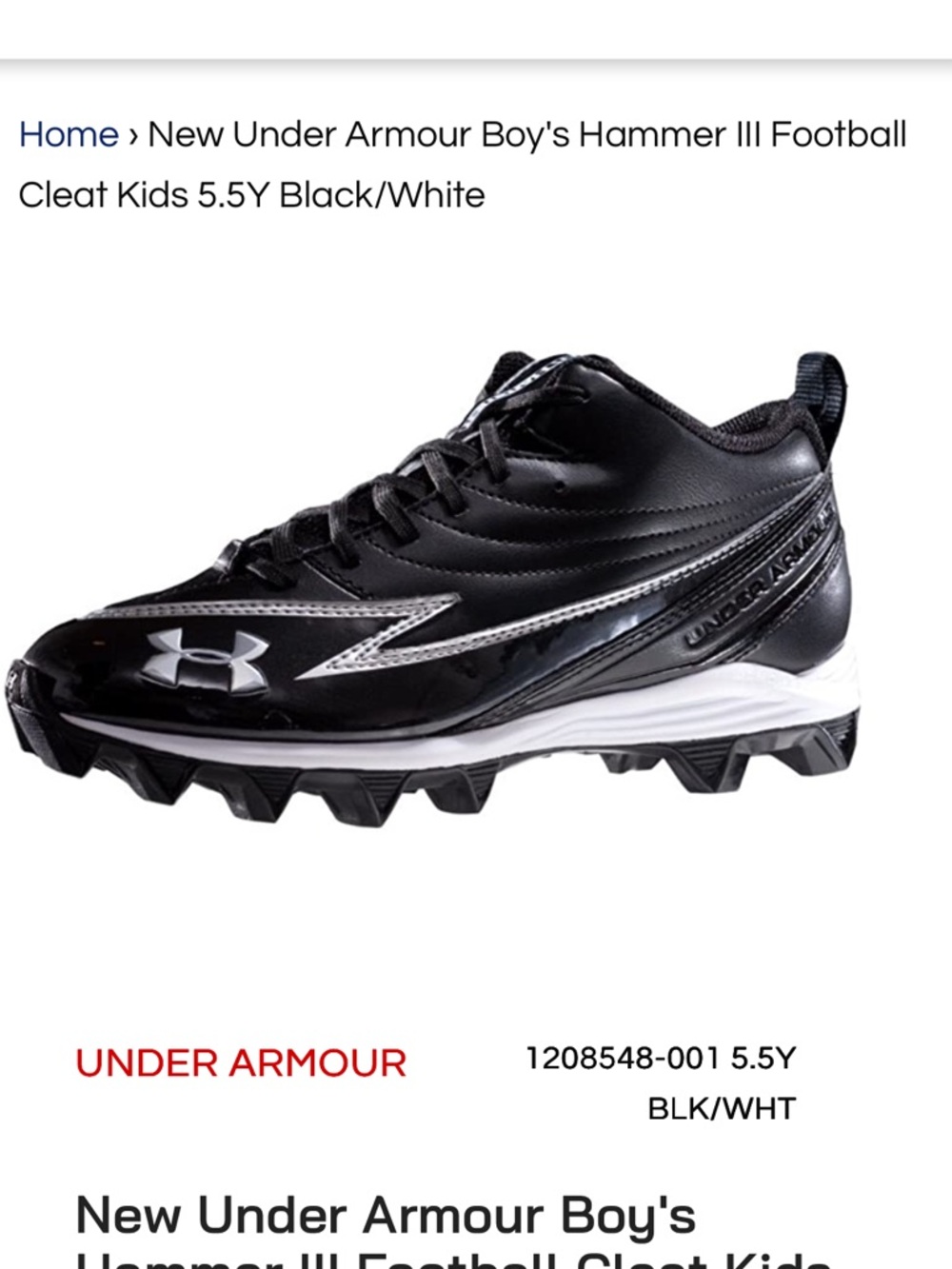 New Under Armour Hammer III Black Football Cleats